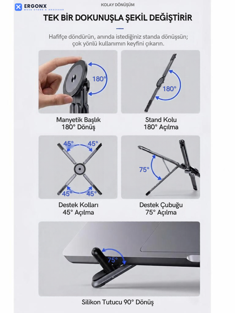 Ergonx X4 Stand | Tripod Arada Manyetik Telefon Tutuculu Taşınabilir Laptop Standı