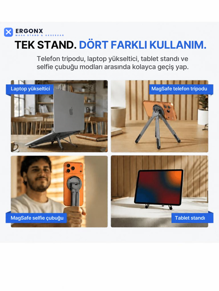 Ergonx X4 Stand | Tripod Arada Manyetik Telefon Tutuculu Taşınabilir Laptop Standı
