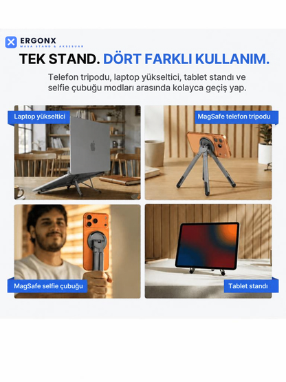 Ergonx X4 Stand | Tripod Arada Manyetik Telefon Tutuculu Taşınabilir Laptop Standı
