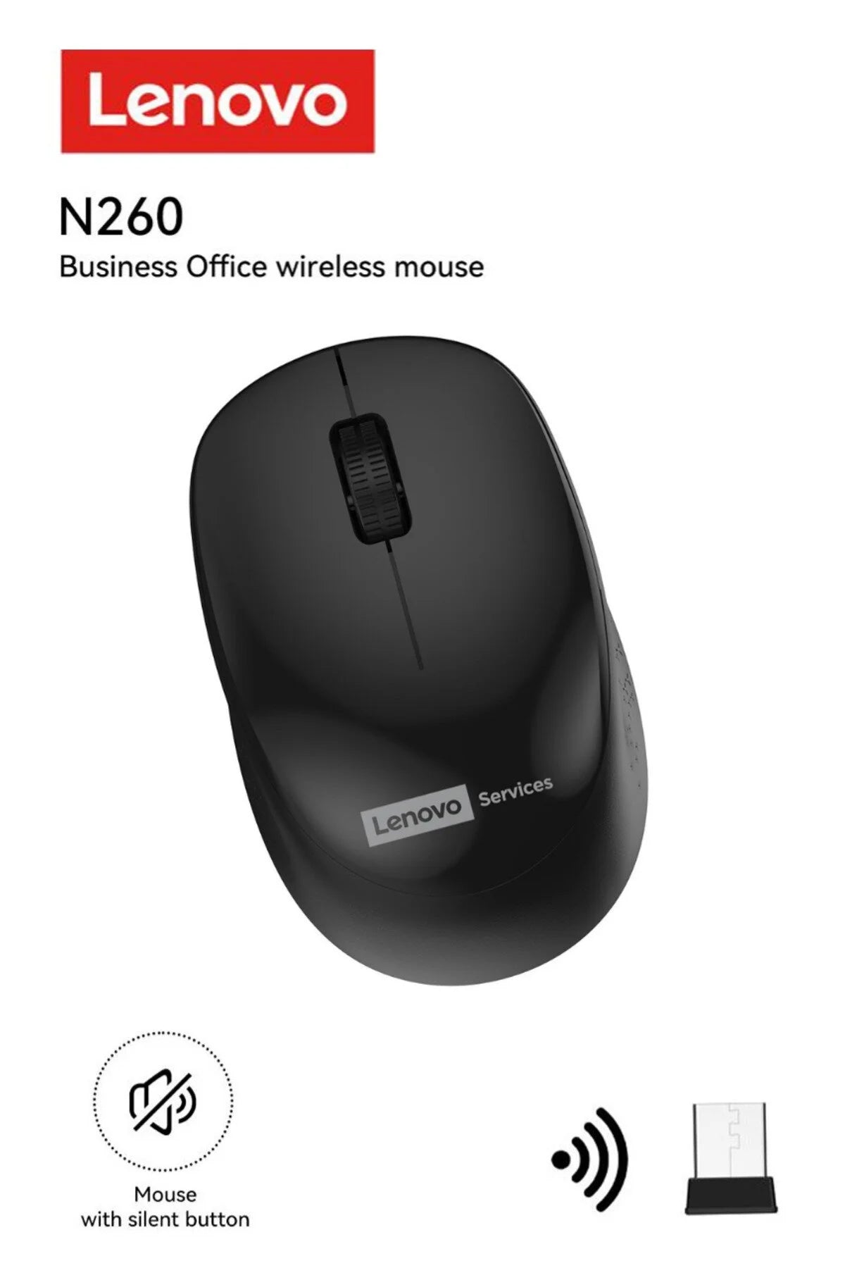 LENOVO N260 Sessiz Kablosuz Mouse Siyah ( Usb Alıcılı ) Pil Dahi