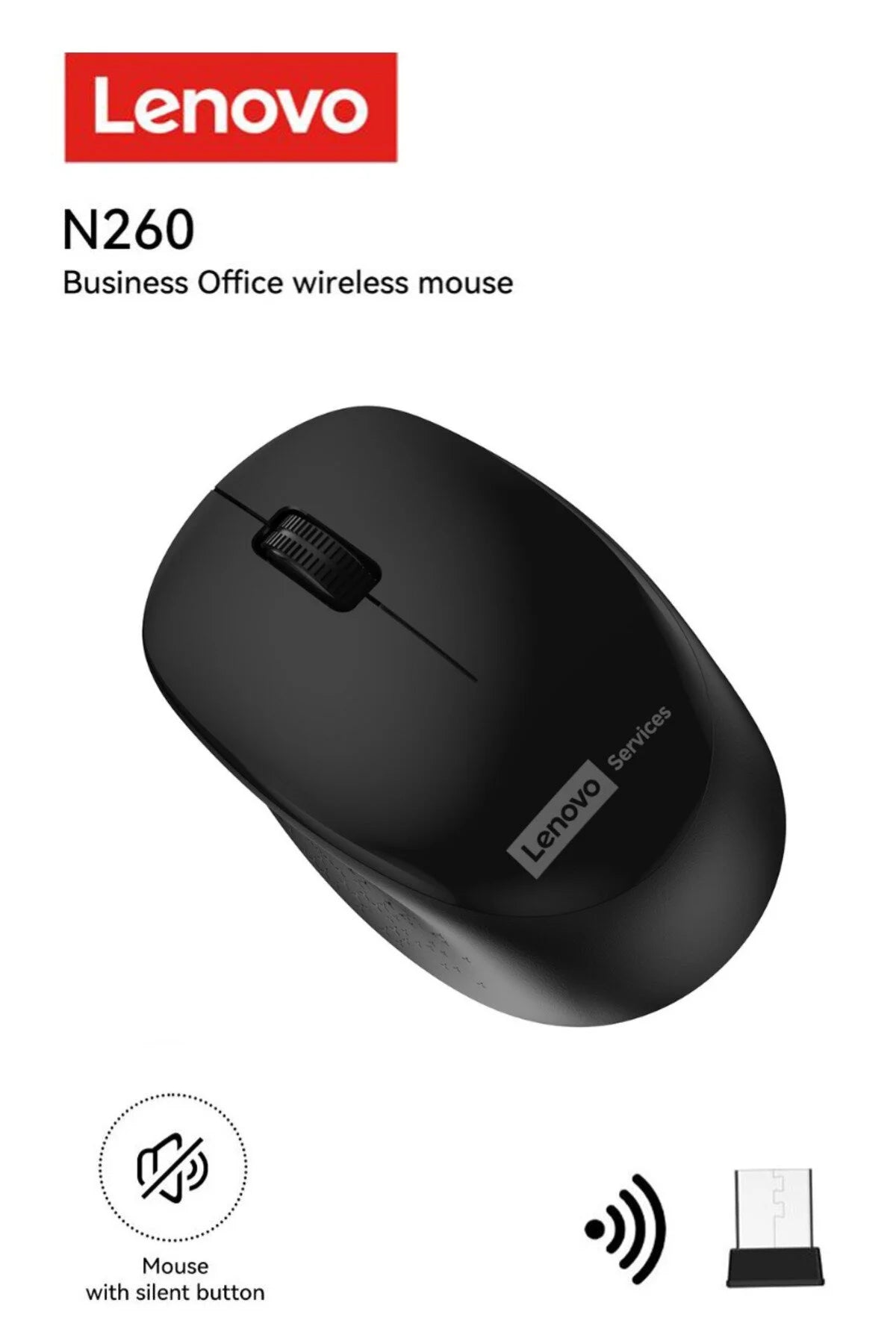 LENOVO N260 Sessiz Kablosuz Mouse Siyah ( Usb Alıcılı ) Pil Dahi