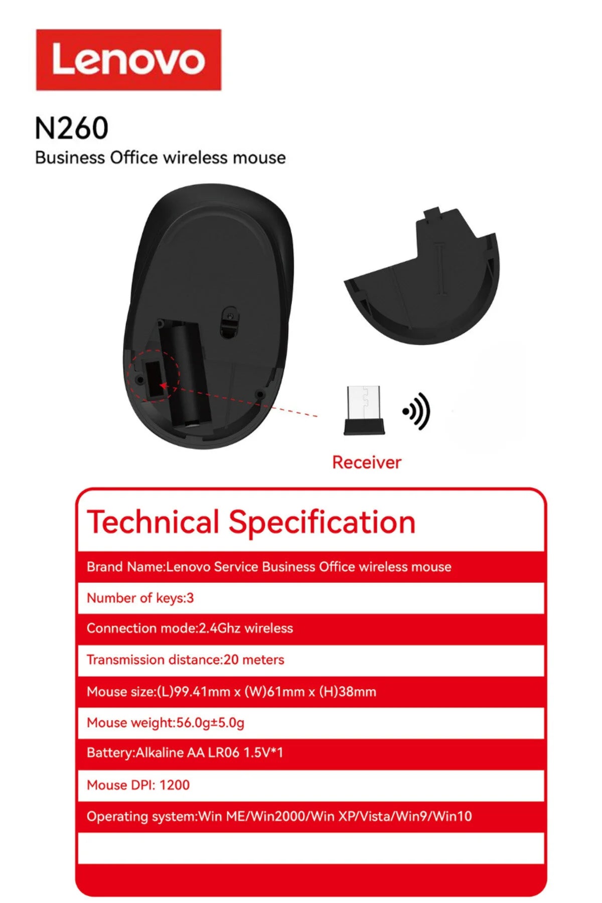 LENOVO N260 Sessiz Kablosuz Mouse Siyah ( Usb Alıcılı ) Pil Dahi