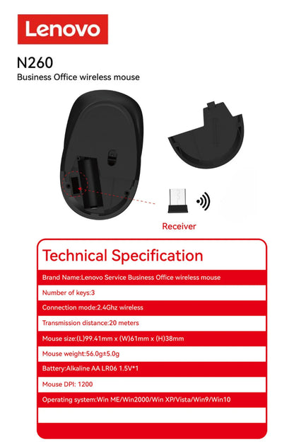LENOVO N260 Sessiz Kablosuz Mouse Siyah ( Usb Alıcılı ) Pil Dahi